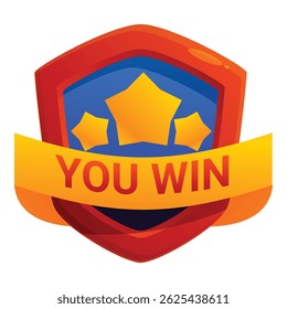 Cartoon colorful shield with golden stars and ribbon is announcing victory
