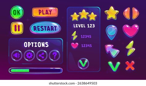 Cartoon colorful shiny user interface with transparent panels, icons, frames and jelly buttons for game or web ui design. Vector slimy glossy GUI assets on gark background.