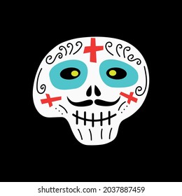 Cartoon colorful skull decorated with ornaments, crosses for Halloween celebration in Mexico. Vector illustration 