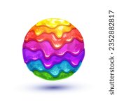 Cartoon colorful slime ball. Slimy rainbow sphere, multicolor gui asset isolated on white background. Vector bubble item for game design.