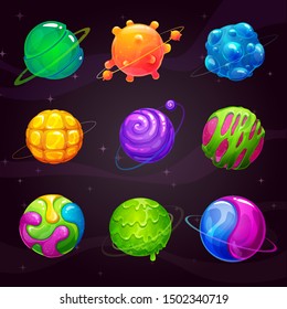 Cartoon colorful slime planets set. Fantasy alien slimy planet on the space background. Vector cosmic GUI assets pack.