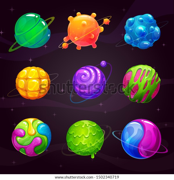 Cartoon\
colorful slime planets set. Fantasy alien slimy planet on the space\
background. Vector cosmic GUI assets\
pack.