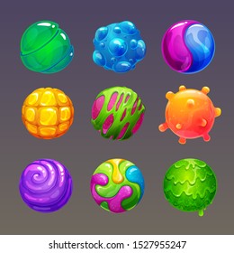 Bolas resbaladizas coloridas. Divertidas burbujas de lodo para el diseño de juegos. Concepto de huevos ajenos. Planetas de gelatina de fantasía. Activos GUI vectoriales.