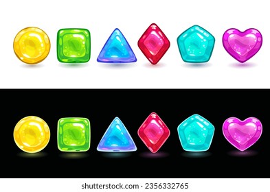 Cartoon colorful slimy game assets, funny jelly multicolored shapes for game design. Isolated vector GUI items on white bacground.