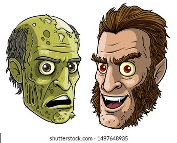 Cartoon colorful smiling funny green dead zombie monster and werewolf with whiskers and canines. Isolated on white background. Halloween vector icon set.