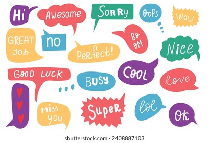 Cartoon colorful speech bubble with handwritten short text hi, sorry, busy, miss you, super. Talk bubble box. Speak balloon. Communication, dialog, feedback vector symbols. Vector illustration.