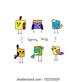 Cartoon colorful square birds set. Color illustration. Funny characters.