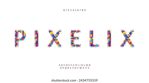 Cartoon colorful squared pixel alphabet, playful pixel mosaic letters and numbers, vibrant game font for lively logos, catchy headlines, contemporary typography, engaging fun design. Vector typeset.