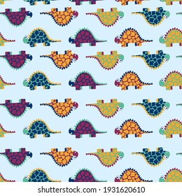 Cartoon colorful stegosaurus dinosaurs seamless pattern vector. Funny smiling motley dinosaurs on light blue endless texture. Jurassic era reptiles pattern for kids. Perfect for apparel, pillow, more