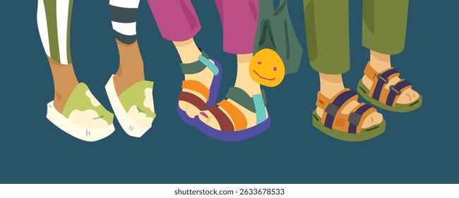 Cartoon Colorful Summer Footwear Set — cartoon illustration of legs in colorful summer sandals and platform shoes. Flat style with casual outfits and dark blue background.