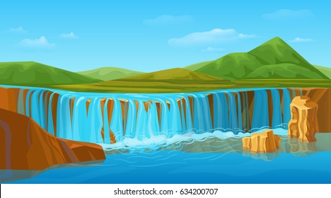 Cartoon colorful summer nature landscape template with scenic waterfall picturesque green mountains hills beautiful blue sky vector illustration