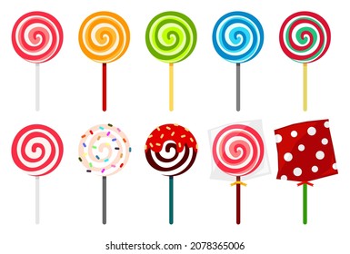 Cartoon colorful swirl lollipop set. Candy on stick. Vector illustration isolated. Not Transparent.