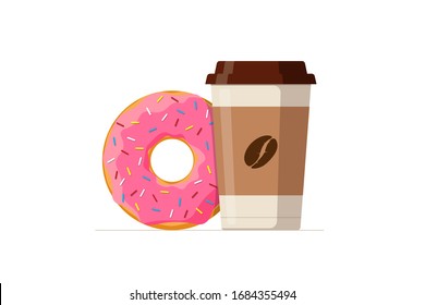 Cartoon colorful tasty donut and disposable paper cup coffee. Glazed doughnut with hot beverage vector isolated flat illustration