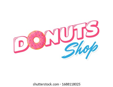 Cartoon colorful tasty donut fresh bakery products emblem design. Glazed doughnut top view and inscription for cake shop company identity or cafe menu design. Vector isolated flat eps illustration