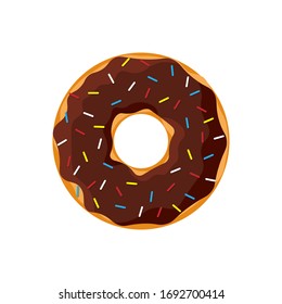 Cartoon colorful tasty donut isolated on white background. Chocolate glazed doughnut top view for cake cafe decoration or menu design. Vector flat isolated illustration