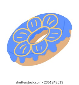 Cartoon colorful tasty donut isolated on white background. Glazed doughnut top view for cake cafe decoration or menu design. Vector flat illustration