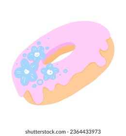 Cartoon colorful tasty donut isolated on white background. Glazed doughnut top view for cake cafe decoration or menu design. Vector flat illustration