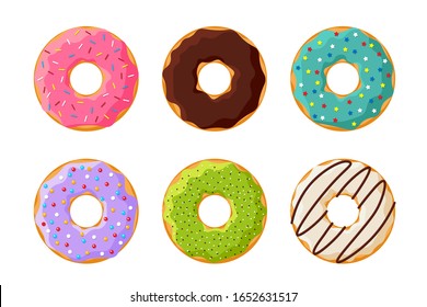 Cartoon colorful tasty donut set isolated on white background. Glazed doughnuts top view collection for cake cafe decoration or menu design. Vector flat illustration