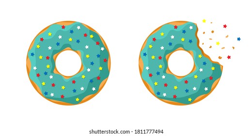 Cartoon colorful tasty donut whole and bitten set isolated on white background. Green turquoise glazed doughnut top view for cake cafe decoration or bakery menu design. Vector flat illustration