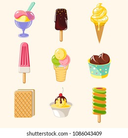 Cartoon colorful tasty ice creams set with different flavors sundae and popsicle isolated vector illustration