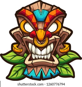 Cartoon colorful tiki mask with leaves. Vector clip art illustration with simple gradients. All in a single layer.