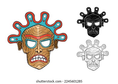 Cartoon colorful Tiki tribal wooden mask with leaves