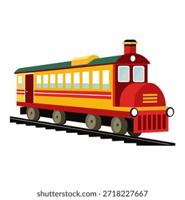 Tren colorido de la historieta mostrado en vista lateral, aislado en el fondo blanco.  Conveniente para las ilustraciones de los niños, la educación, los juegos, los carteles, y los proyectos temáticos del viaje. Ilustración vectorial