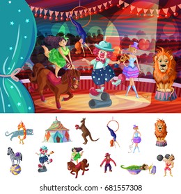 Cartoon colorful traveling circus composition with animal tricks tent acrobat clown strongman and trainer vector illustration