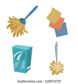 Cartoon colorful trendy design cleaning service icons set. Cleaning clothes, feather duster, toilet brush, detergent paper box.