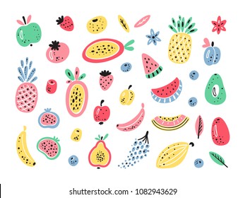 Cartoon Colorful Tropical Fruits and Berries Vector Summer Set