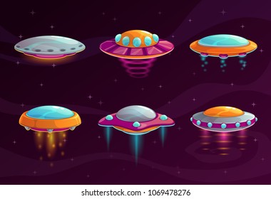 Cartoon Colorful Ufo Assets Set. Vector Alien Space Ship Icons For Game Design.