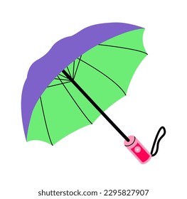 Cartoon colorful umbrella vector graphic illustration. Purple accessory with handle protection from rain isolated.
