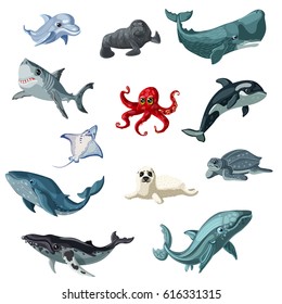 Cartoon colorful underwater animals set with creatures living in sea and ocean isolated vector illustration