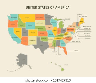 Cartoon Colorful USA Map with States Card Poster Geography and Cartography Concept Flat Design Style. Vector illustration