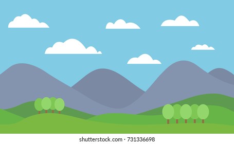 Cartoon colorful vector flat illustration of mountain landscape with meadow and trees under blue sky with clouds