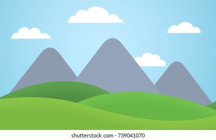 Cartoon colorful vector flat illustration of mountain landscape with meadow under blue sky with clouds