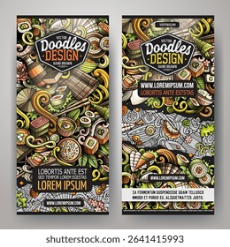 Cartoon colorful vector hand drawn doodles Japan food corporate identity. 2 vertical banners design. Templates set. Not AI