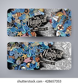 Cartoon colorful vector hand drawn doodles marine corporate identity. 2 Horizontal banners design. Templates set