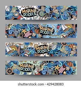 Cartoon colorful vector hand drawn doodles marine corporate identity. 4 Horizontal banners design. Templates set