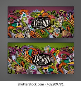 Cartoon colorful vector hand drawn doodles design artistic corporate identity. 2 Horizontal banners design. Templates set