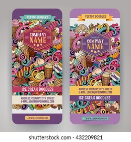 Cartoon colorful vector hand drawn doodles ice cream corporate identity. 2 vertical banners design. Templates set