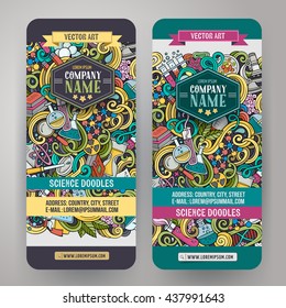 Cartoon colorful vector hand drawn doodles science corporate identity. 2 vertical banners design. Templates set