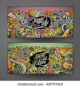 Cartoon colorful vector hand drawn doodles hippie corporate identity. 2 Horizontal banners design. Templates set