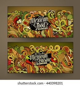 Cartoon colorful vector hand drawn doodles mexican cuisine corporate identity. 2 Horizontal banners design. Templates set