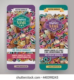 Cartoon colorful vector hand drawn doodles ice cream corporate identity. 2 vertical banners design. Templates set