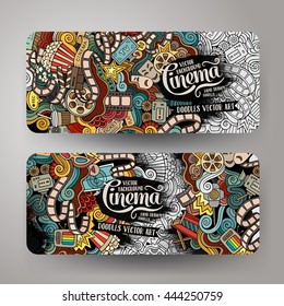 Cartoon colorful vector hand drawn doodles cinema corporate identity. 2 horizontal banners design. Templates set