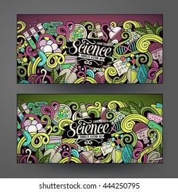 Cartoon colorful vector hand drawn doodles science corporate identity. 2 Horizontal banners design. Templates set