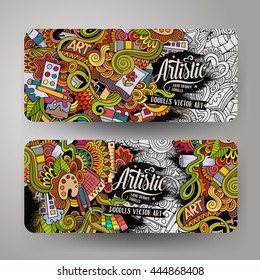 Cartoon colorful vector hand drawn doodles art corporate identity. 2 Horizontal banners design. Templates set