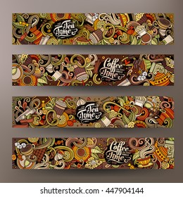 Cartoon colorful vector hand drawn doodles cafe corporate identity. 4 Horizontal banners design. Templates set