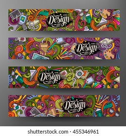 Cartoon colorful vector hand drawn doodles design artistic corporate identity. 4 Horizontal banners design. Templates set